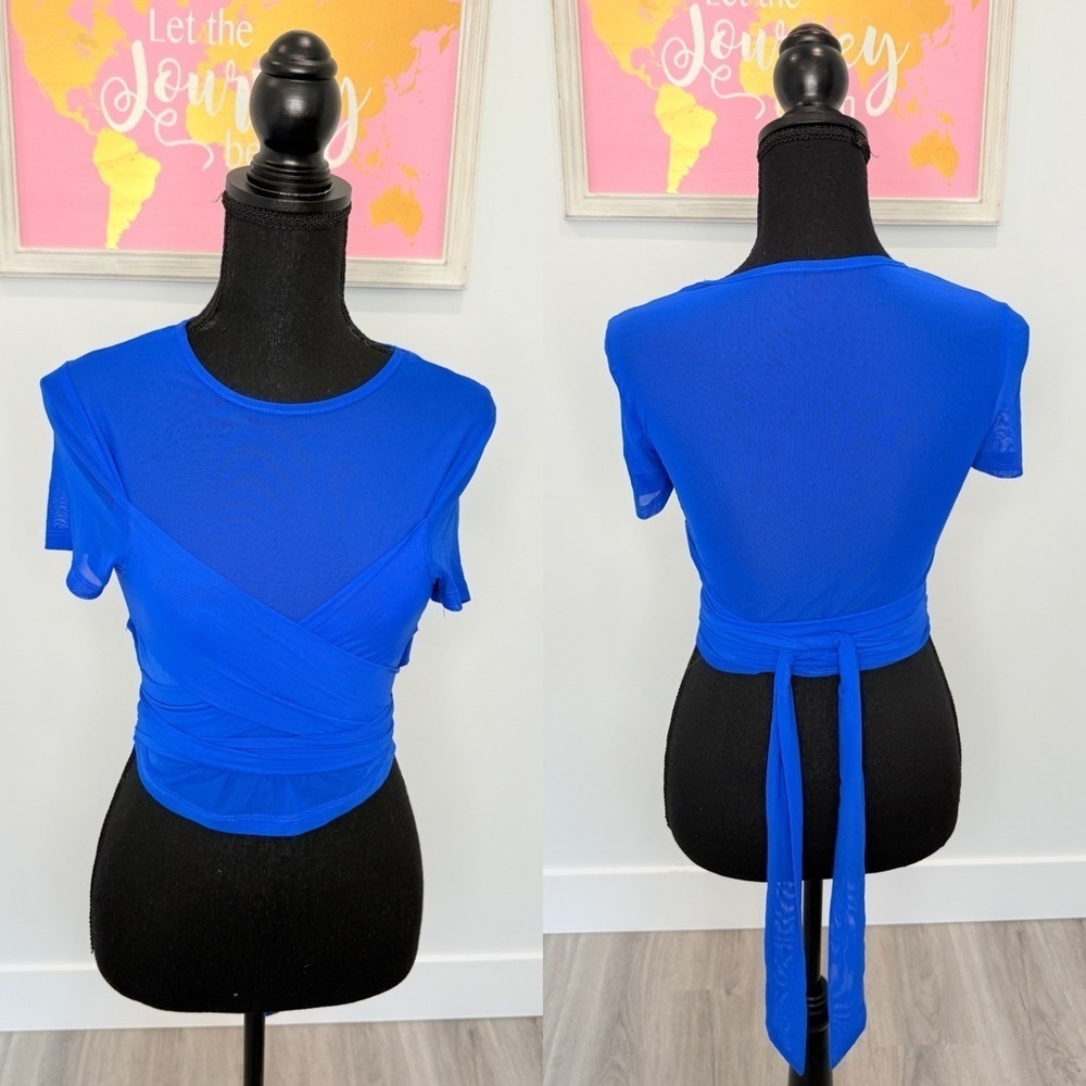 Blue Mesh Long Sleeve Wrap Top (M)